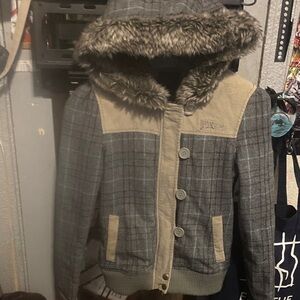 Fox Gray Plaid Hooded Puffer Jacket with Tan Trim